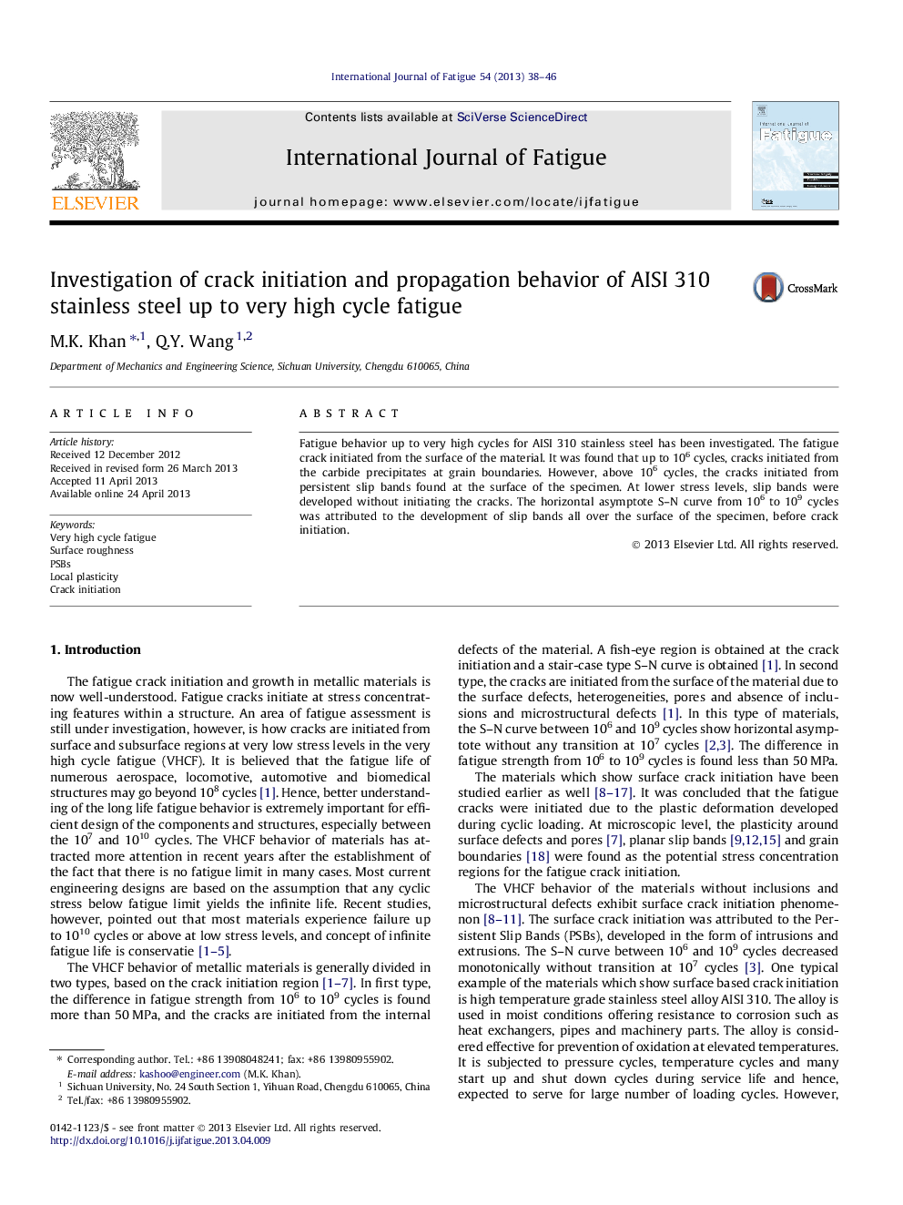 Investigation of crack initiation and propagation behavior of AISI 310 stainless steel up to very high cycle fatigue