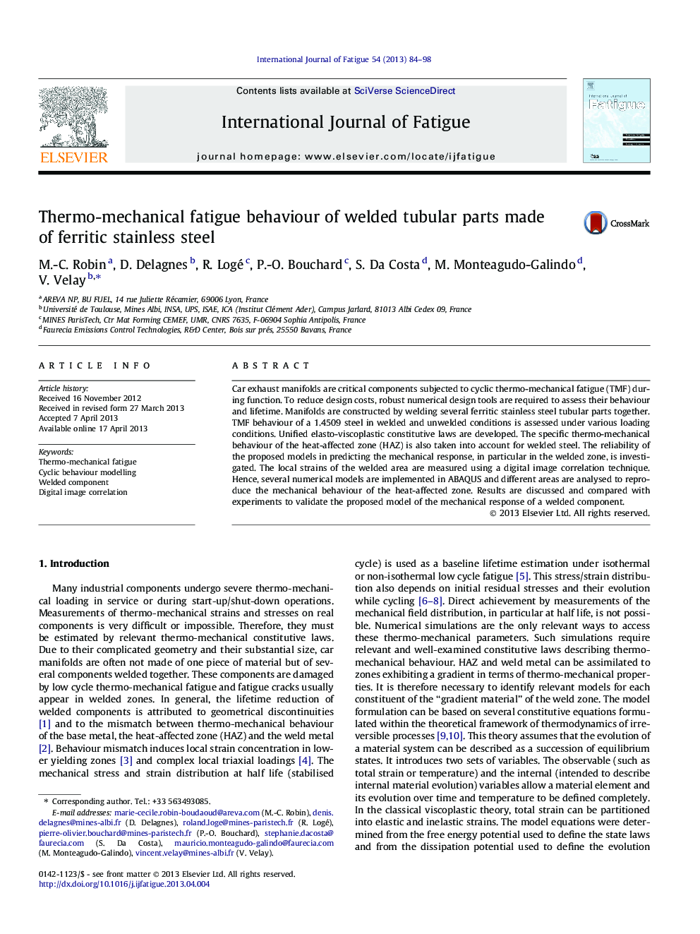 عکس صفحه اول مقاله: Thermo-mechanical fatigue behaviour of welded tubular parts made of ferritic stainless steel Thermo-mechanical fatigue behaviour of welded tubular parts made of ferritic stainless steel