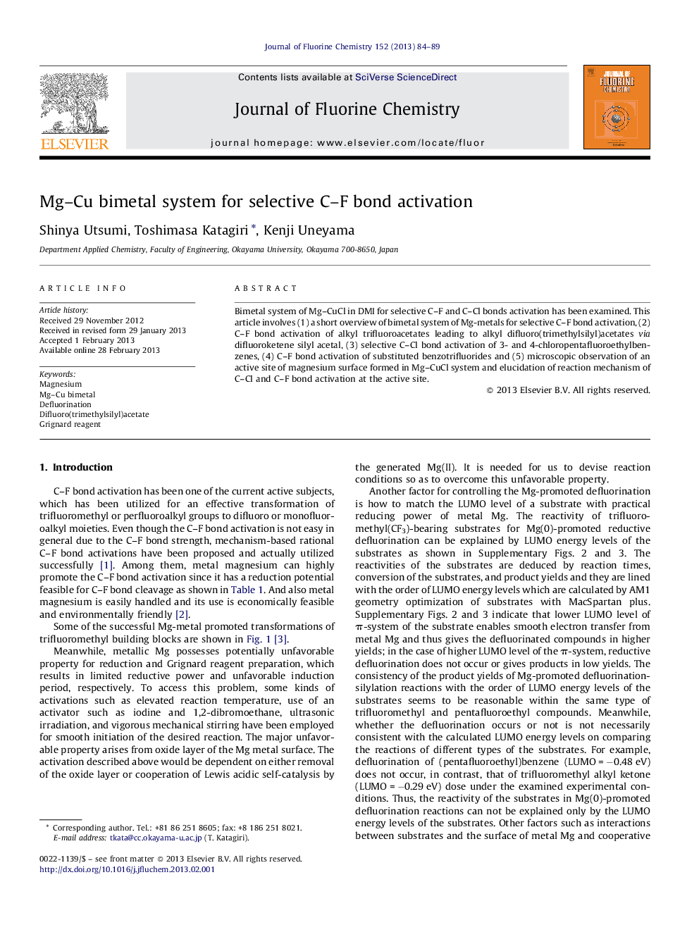 Mg-Cu bimetal system for selective CF bond activation