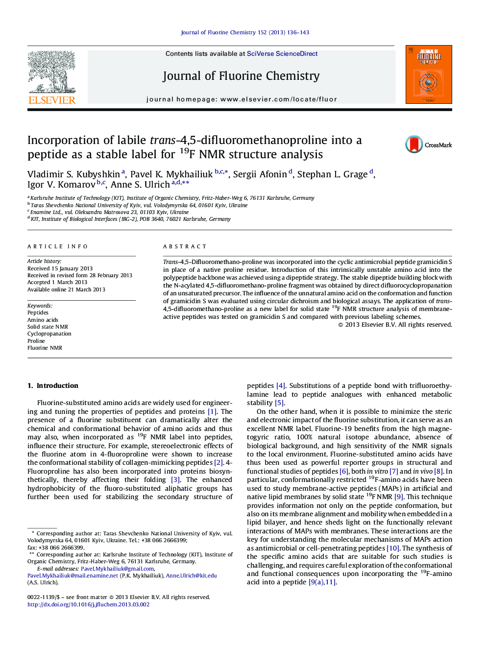 Incorporation of labile trans-4,5-difluoromethanoproline into a peptide as a stable label for 19F NMR structure analysis