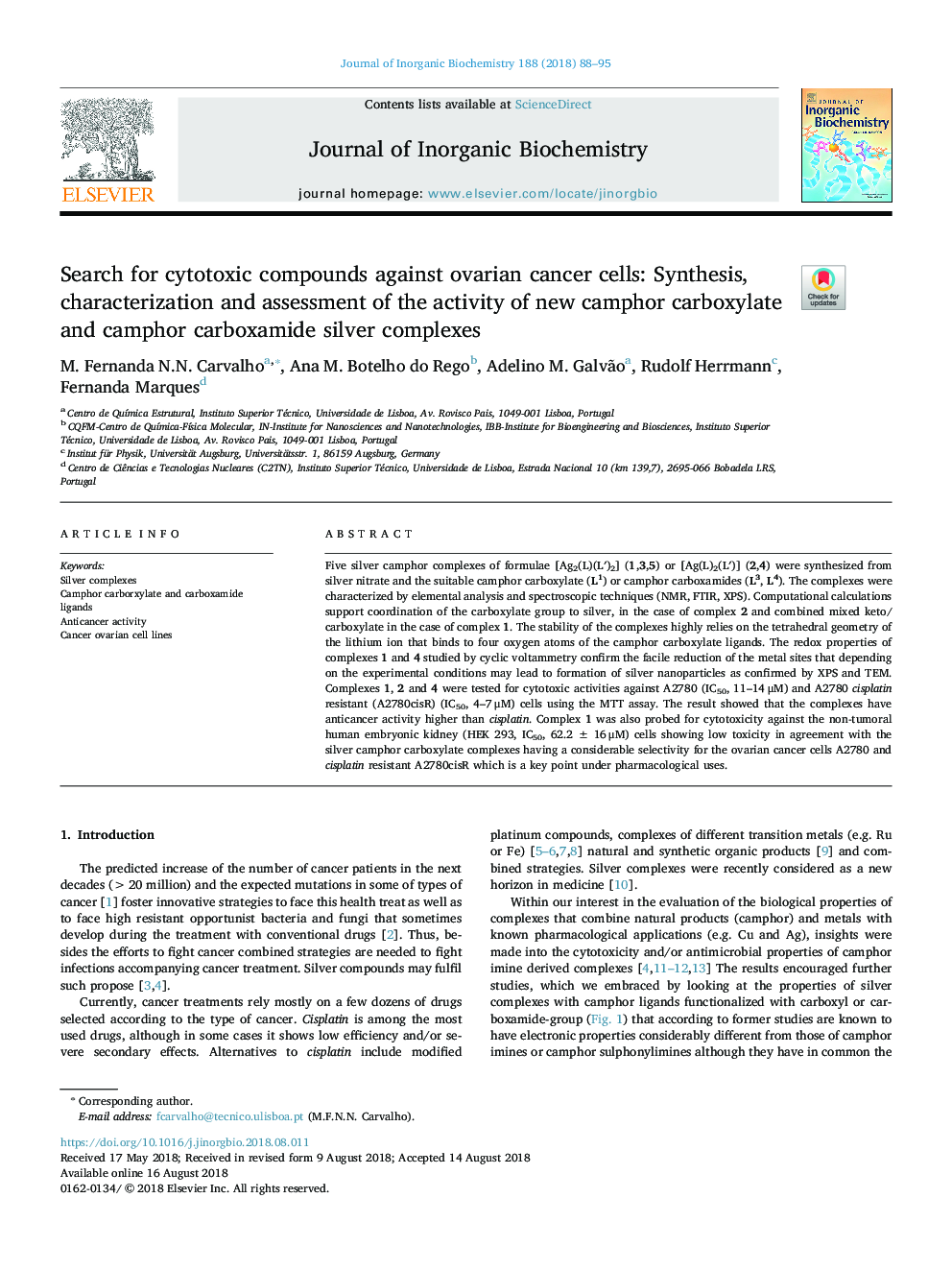 جستجو برای ترکیبات سیتوتوکسیک در برابر سلول های سرطانی تخمدان: سنتز، مشخص کردن و ارزیابی فعالیت های جدید کامپور کربوکسیلات کامپور و کاربوکامید نقره 
