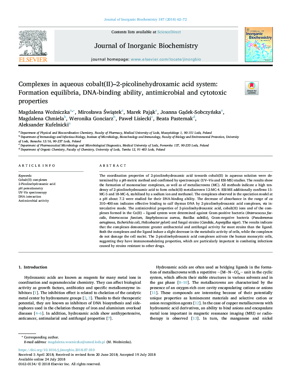 Complexes in aqueous cobalt(II)-2-picolinehydroxamic acid system: Formation equilibria, DNA-binding ability, antimicrobial and cytotoxic properties