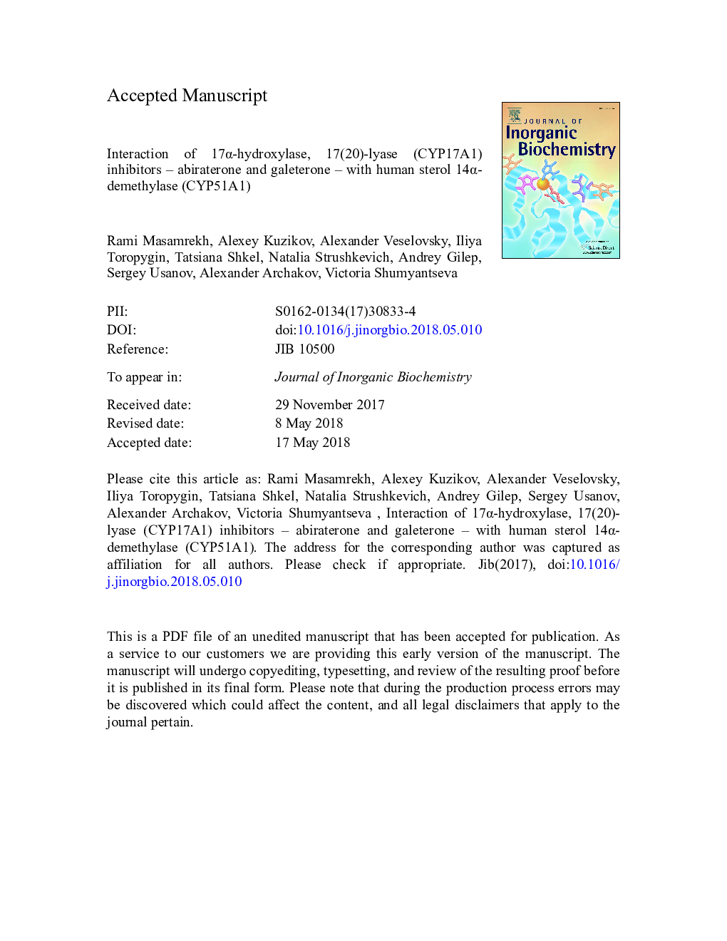 Interaction of 17Î±-hydroxylase, 17(20)-lyase (CYP17A1) inhibitors - abiraterone and galeterone - with human sterol 14Î±-demethylase (CYP51A1)