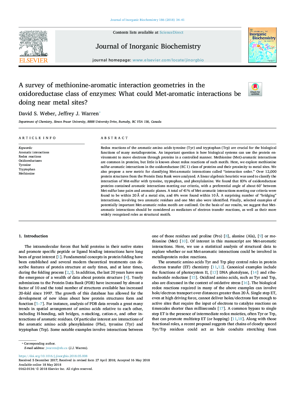 A survey of methionine-aromatic interaction geometries in the oxidoreductase class of enzymes: What could Met-aromatic interactions be doing near metal sites?