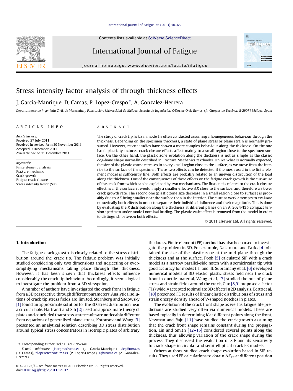 Stress intensity factor analysis of through thickness effects