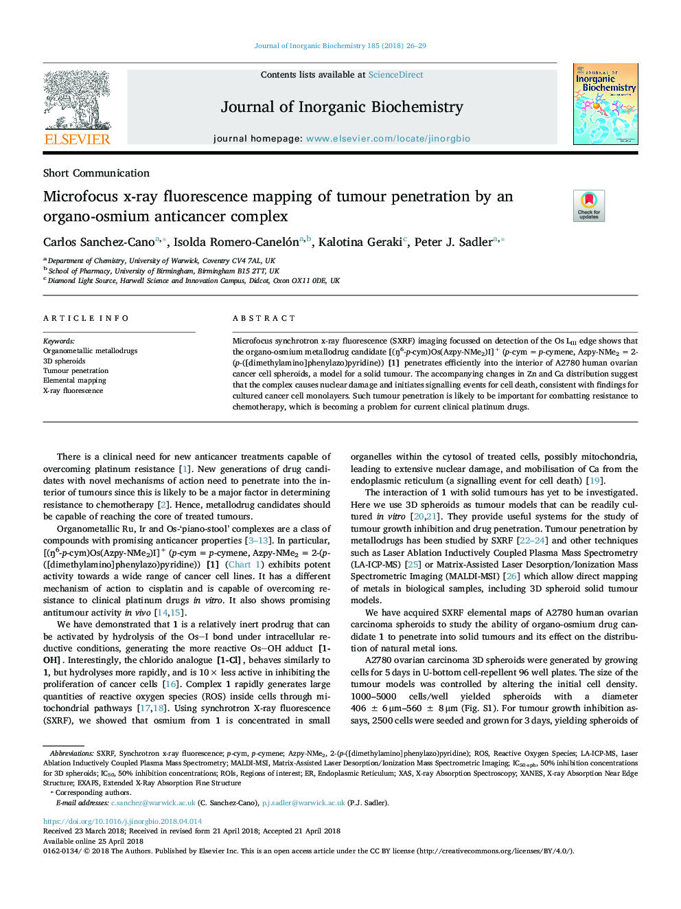 Microfocus x-ray fluorescence mapping of tumour penetration by an organoâosmium anticancer complex