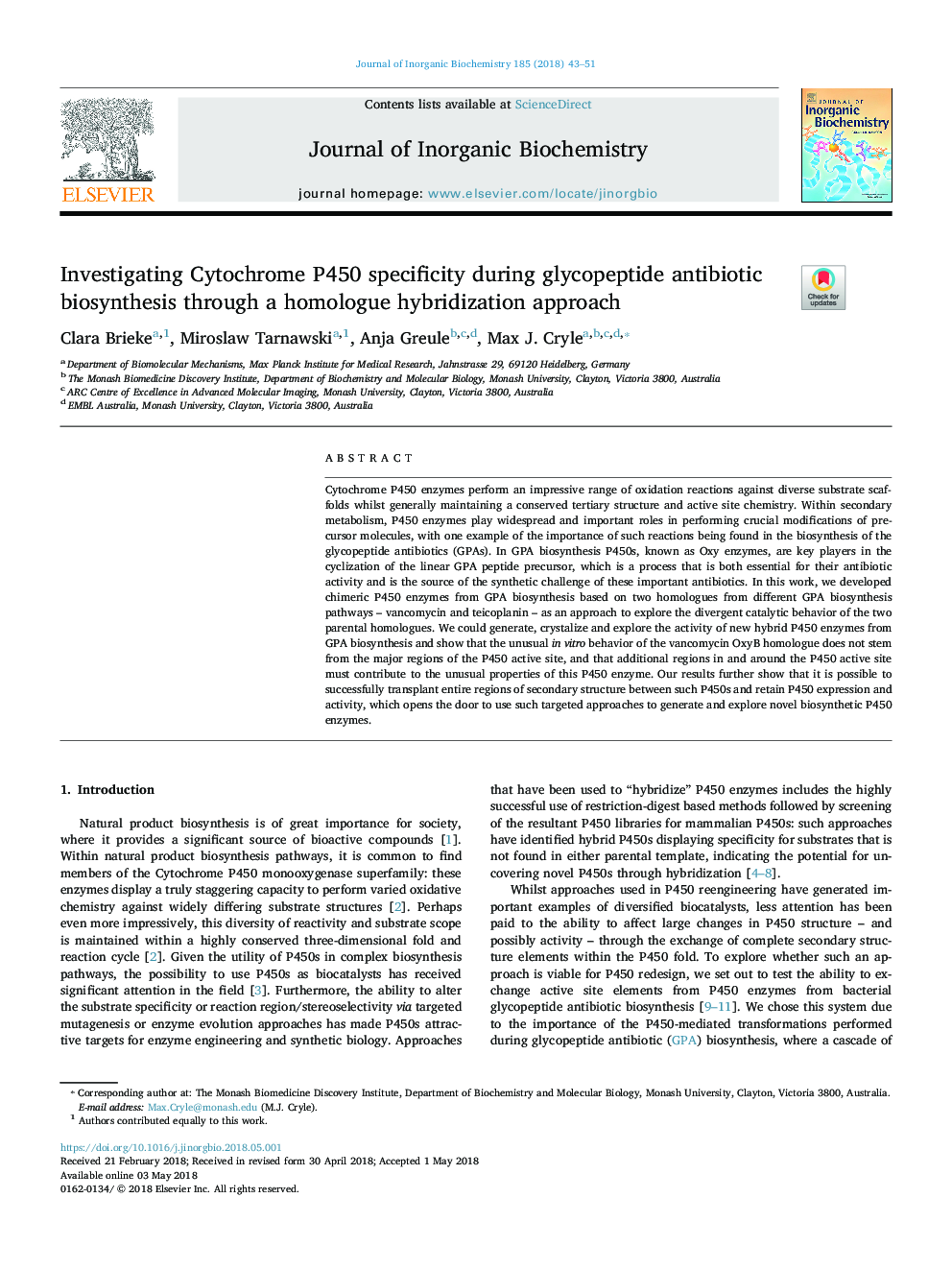 عکس صفحه اول مقاله: Investigating Cytochrome P450 specificity during glycopeptide antibiotic biosynthesis through a homologue hybridization approach Investigating Cytochrome P450 specificity during glycopeptide antibiotic biosynthesis through a homologue hybridization approach