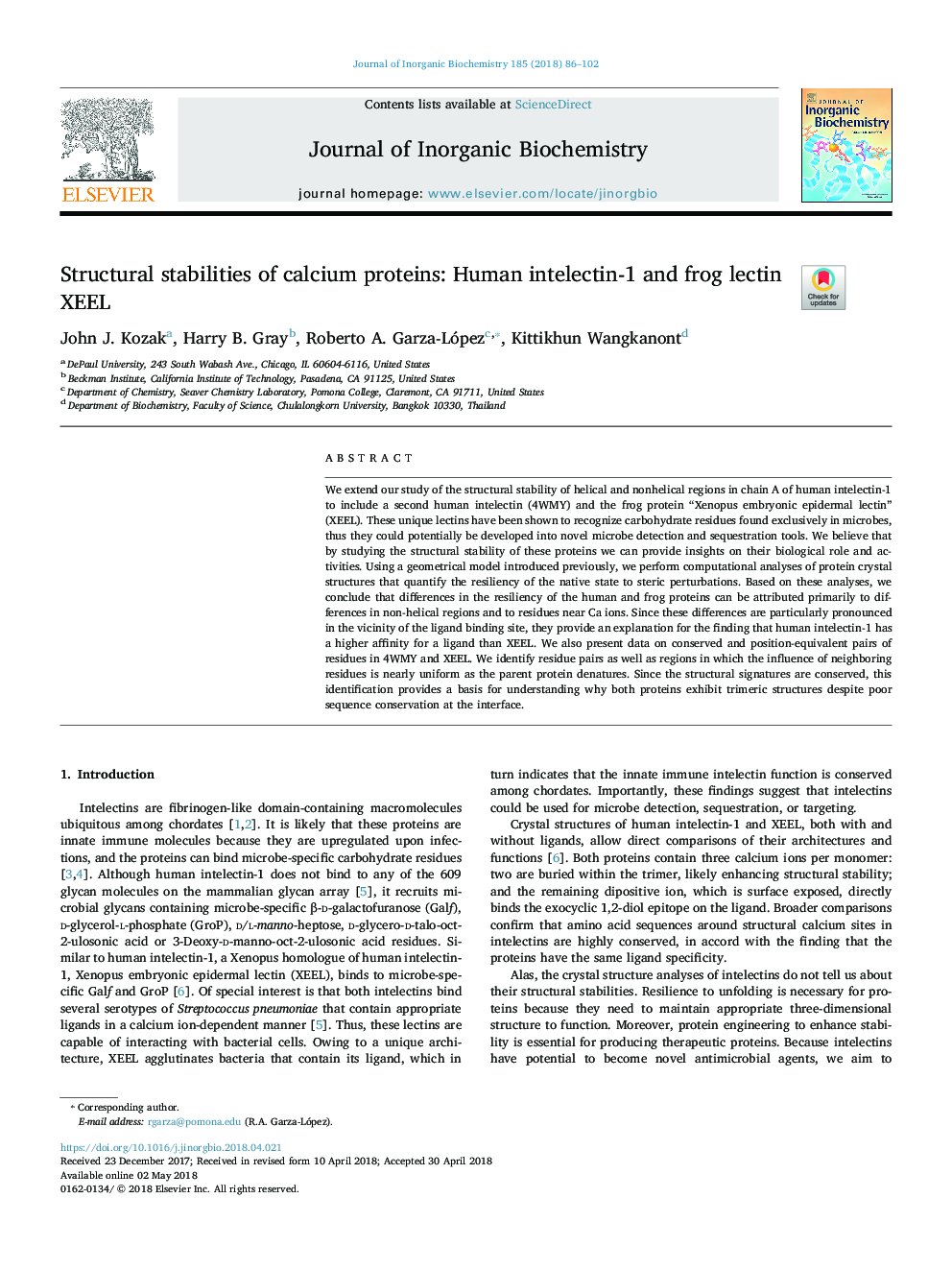 عکس صفحه اول مقاله: Structural stabilities of calcium proteins: Human intelectin-1 and frog lectin XEEL Structural stabilities of calcium proteins: Human intelectin-1 and frog lectin XEEL