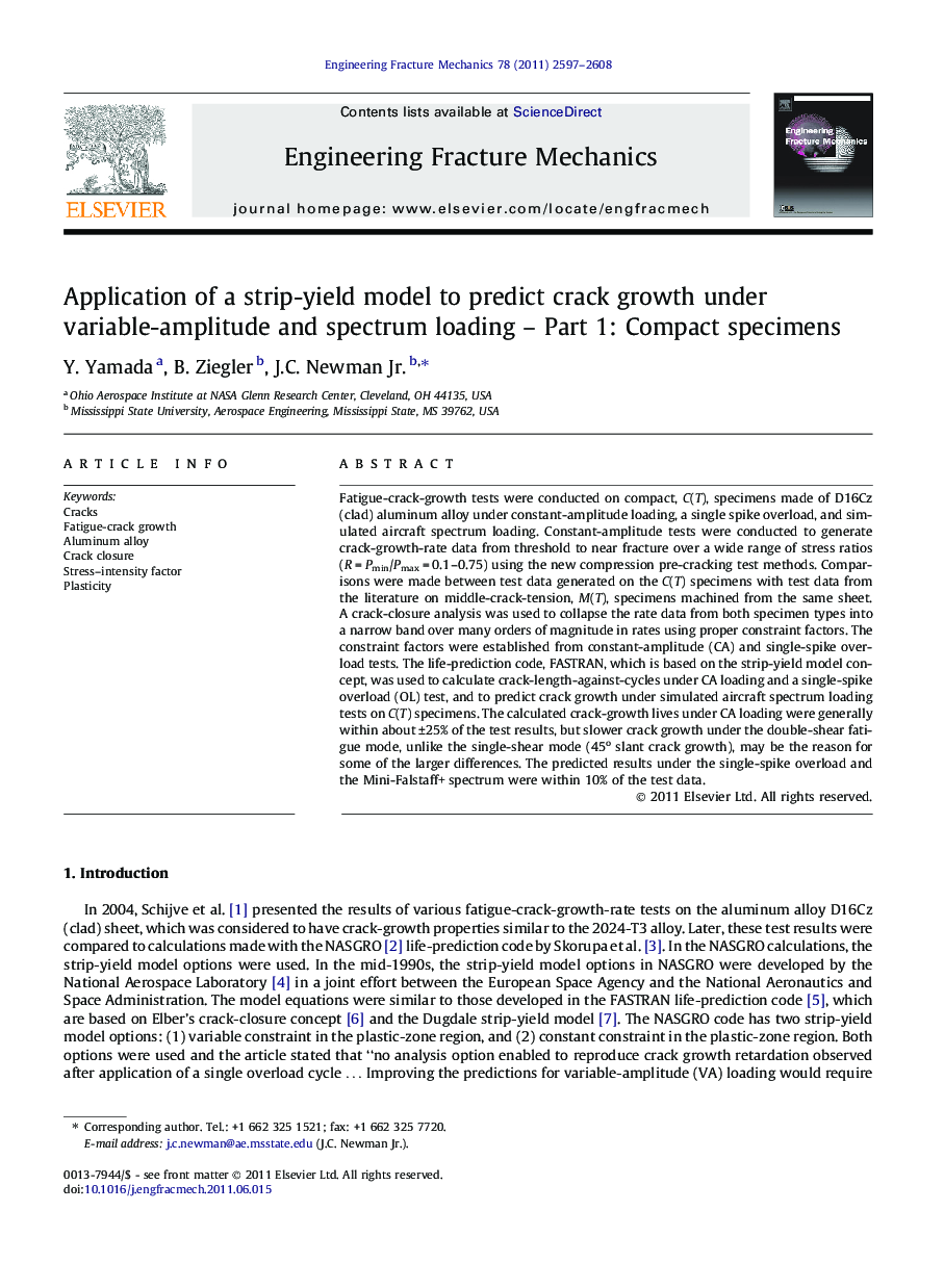 Application of a strip-yield model to predict crack growth under variable-amplitude and spectrum loading – Part 1: Compact specimens