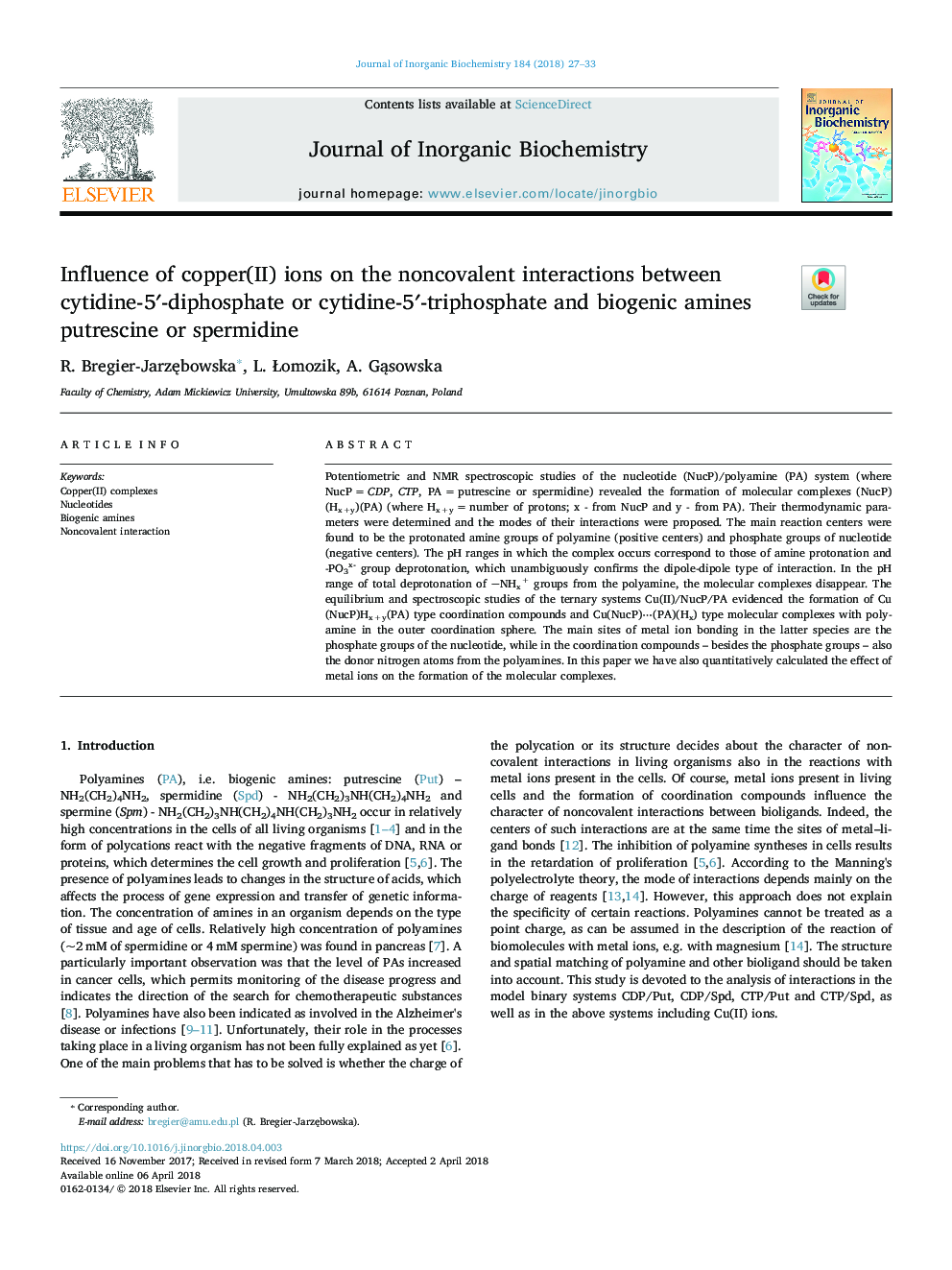 Influence of copper(II) ions on the noncovalent interactions between cytidine-5â²-diphosphate or cytidine-5â²-triphosphate and biogenic amines putrescine or spermidine