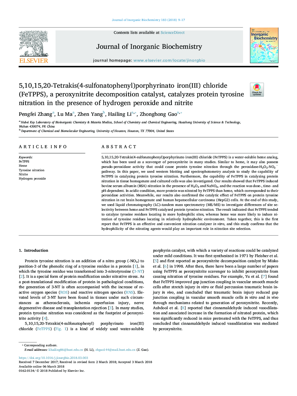 5,10,15,20-Tetrakis(4-sulfonatophenyl)porphyrinato iron(III) chloride (FeTPPS), a peroxynitrite decomposition catalyst, catalyzes protein tyrosine nitration in the presence of hydrogen peroxide and nitrite