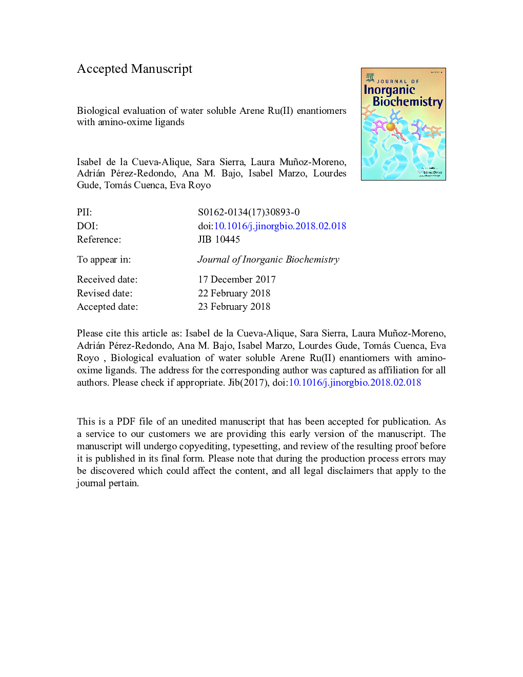 Biological evaluation of water soluble arene Ru(II) enantiomers with amino-oxime ligands