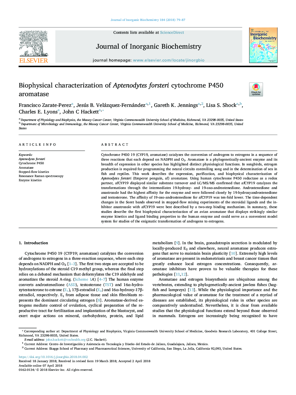 Biophysical characterization of Aptenodytes forsteri cytochrome P450 aromatase