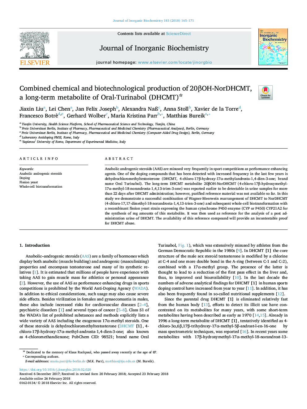 Combined chemical and biotechnological production of 20Î²OH-NorDHCMT, a long-term metabolite of Oral-Turinabol (DHCMT)