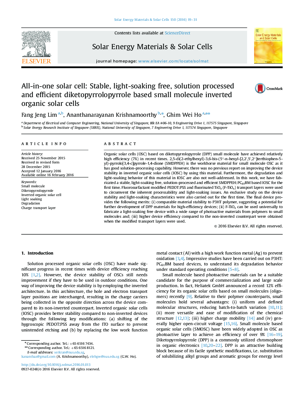 All-in-one solar cell: Stable, light-soaking free, solution processed and efficient diketopyrrolopyrrole based small molecule inverted organic solar cells