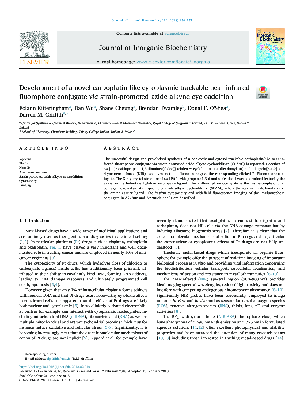 Development of a novel carboplatin like cytoplasmic trackable near infrared fluorophore conjugate via strain-promoted azide alkyne cycloaddition