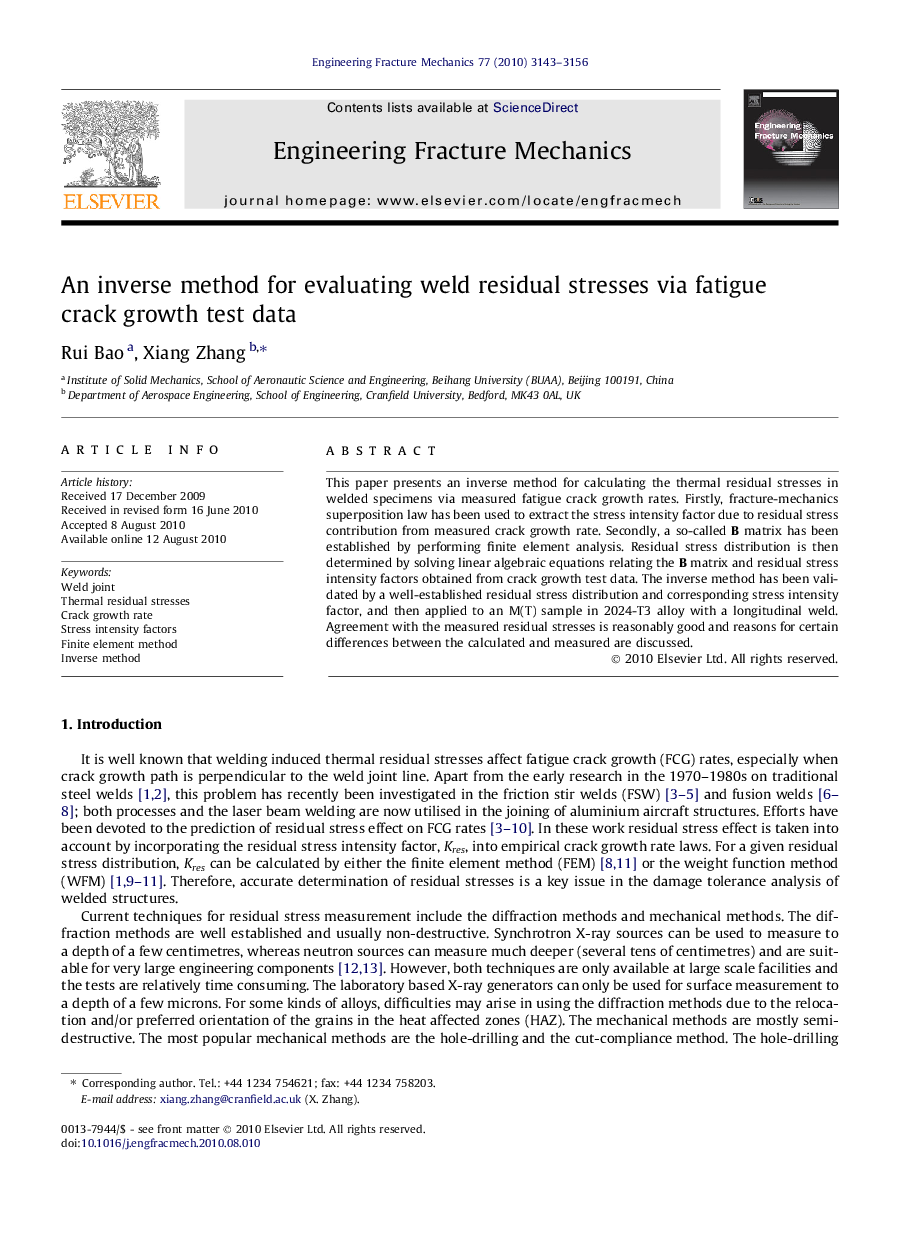 An inverse method for evaluating weld residual stresses via fatigue crack growth test data