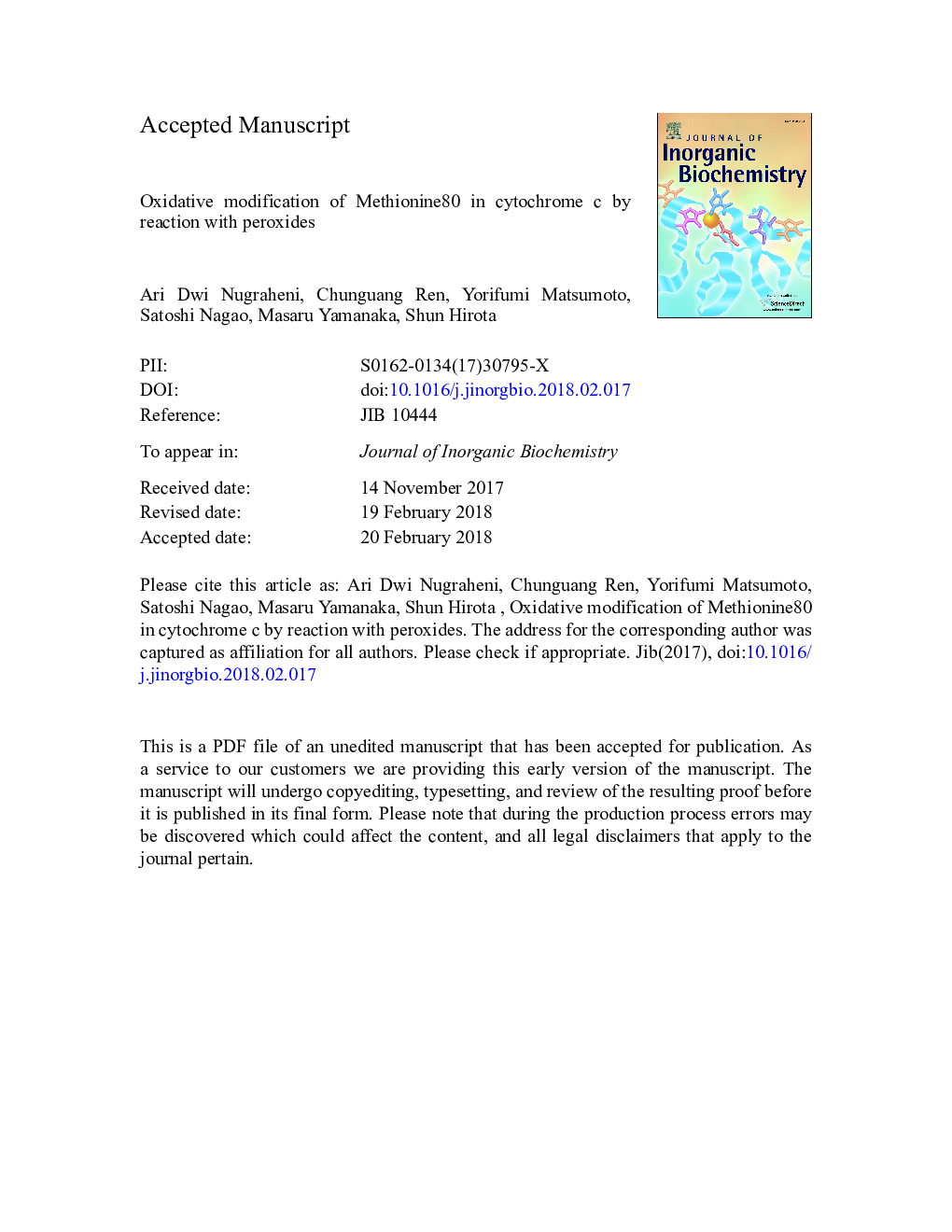 Oxidative modification of methionine80 in cytochrome c by reaction with peroxides