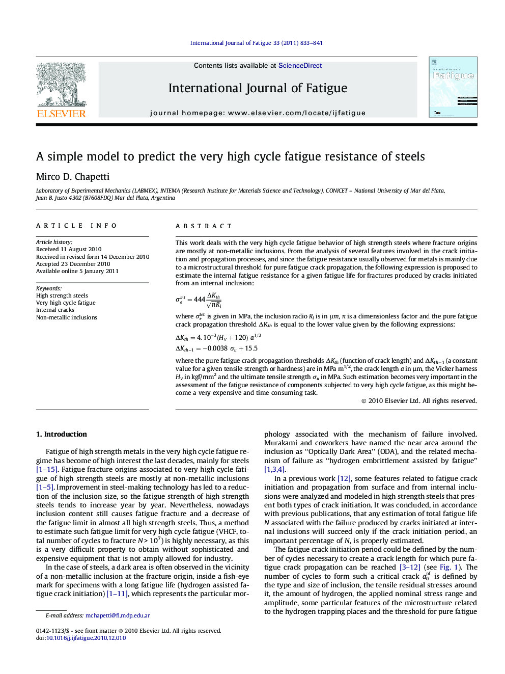 A simple model to predict the very high cycle fatigue resistance of steels