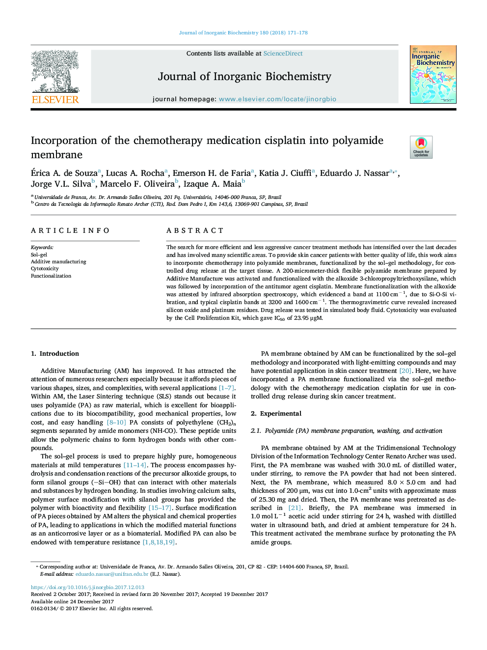 Incorporation of the chemotherapy medication cisplatin into polyamide membrane