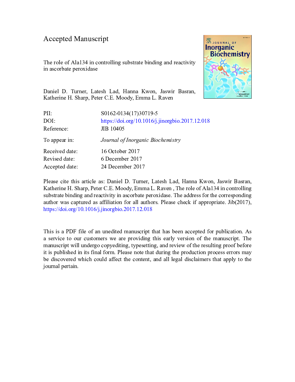 The role of Ala134 in controlling substrate binding and reactivity in ascorbate peroxidase