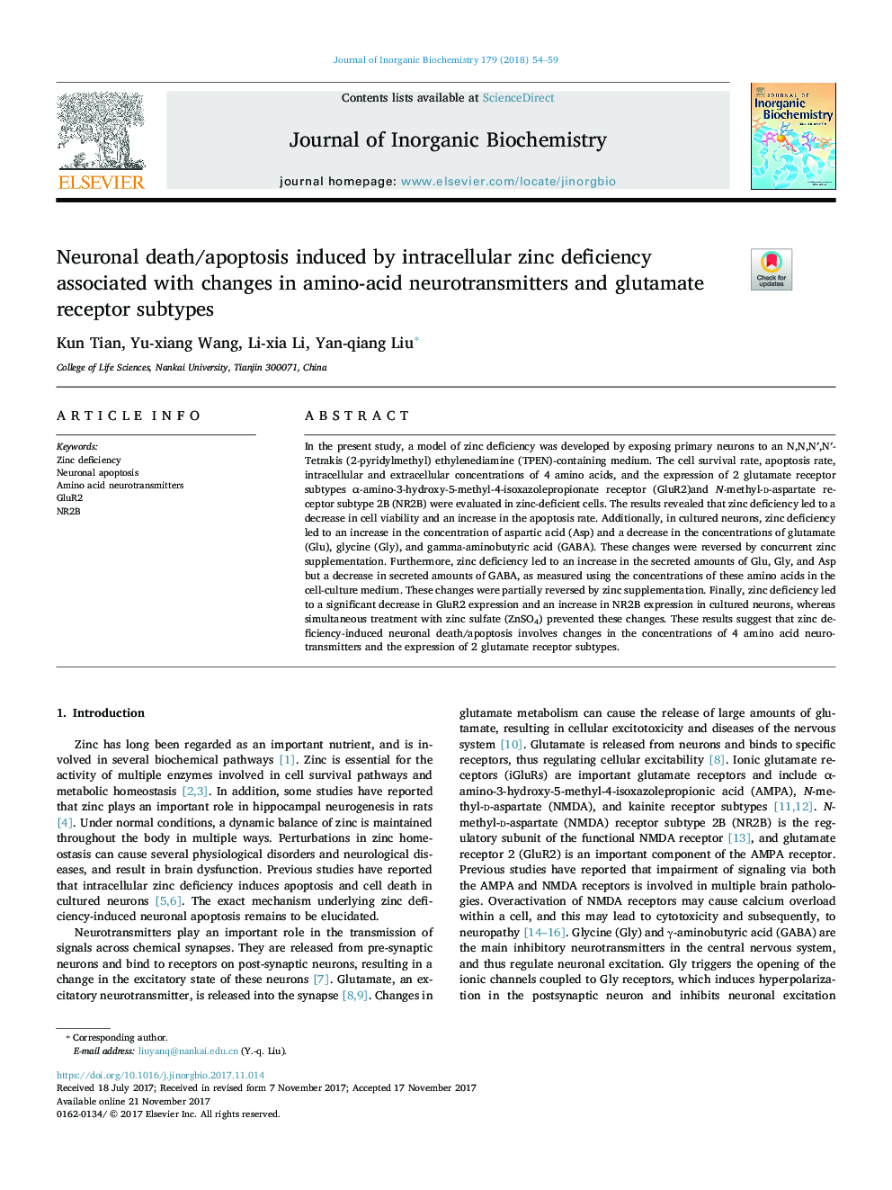 Neuronal death/apoptosis induced by intracellular zinc deficiency associated with changes in amino-acid neurotransmitters and glutamate receptor subtypes