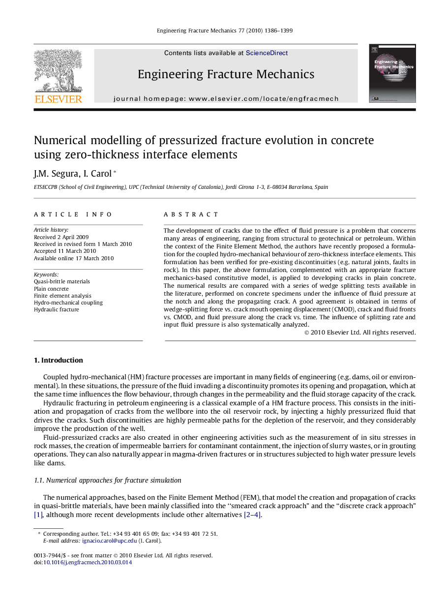 Numerical modelling of pressurized fracture evolution in concrete using zero-thickness interface elements