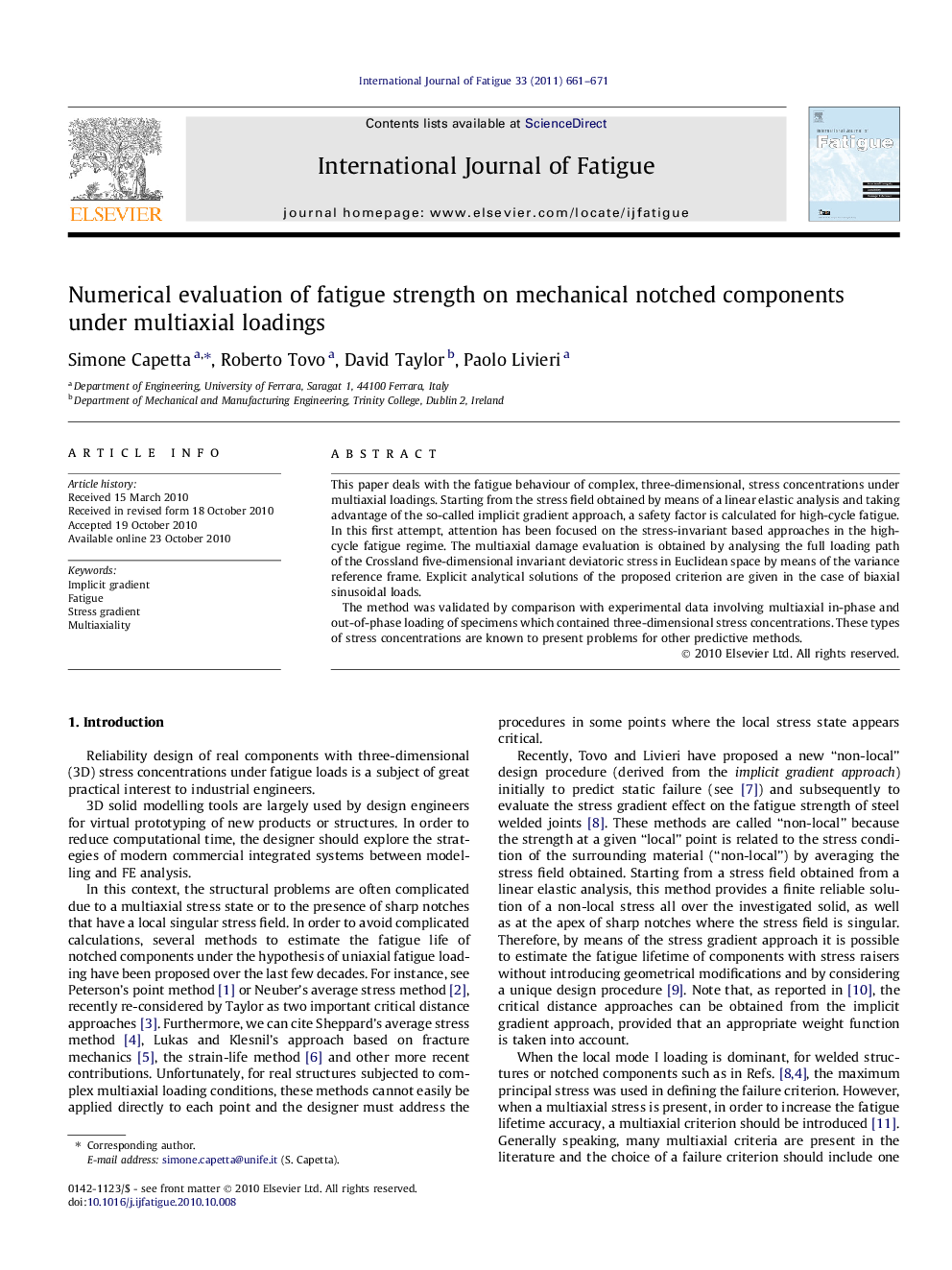 Numerical evaluation of fatigue strength on mechanical notched components under multiaxial loadings