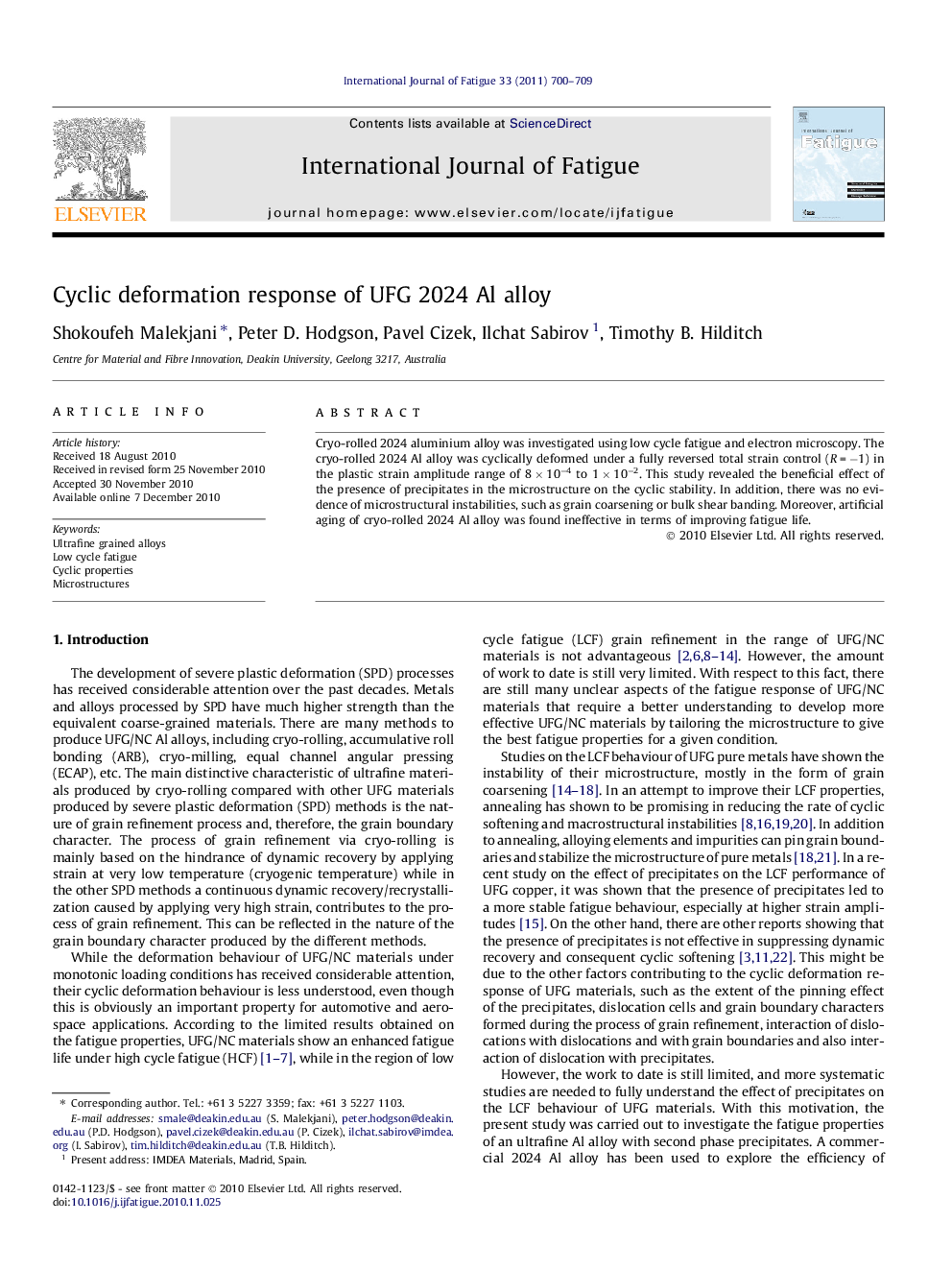 Cyclic deformation response of UFG 2024 Al alloy