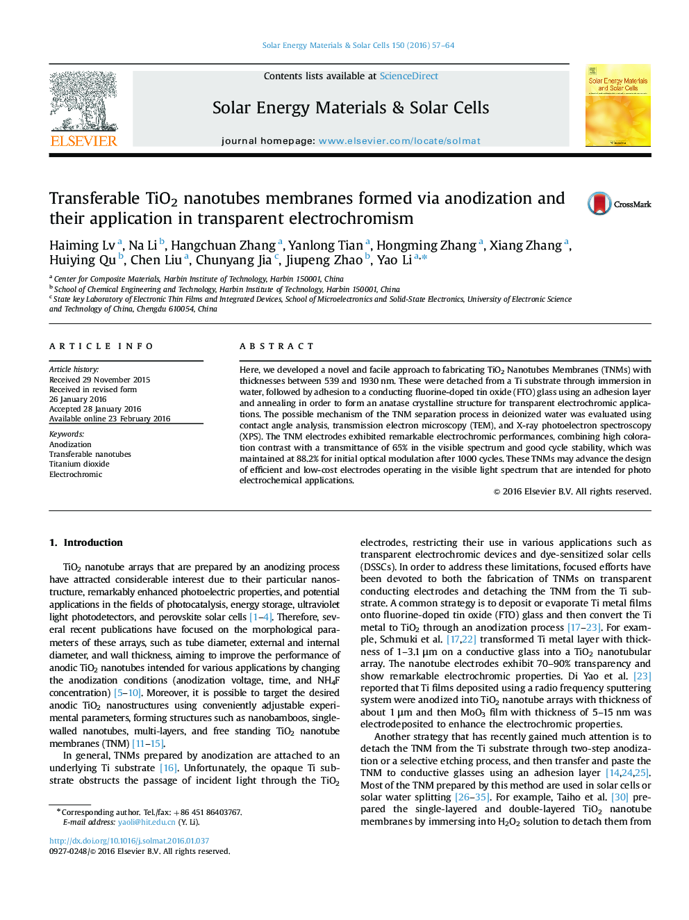 Transferable TiO2 nanotubes membranes formed via anodization and their application in transparent electrochromism