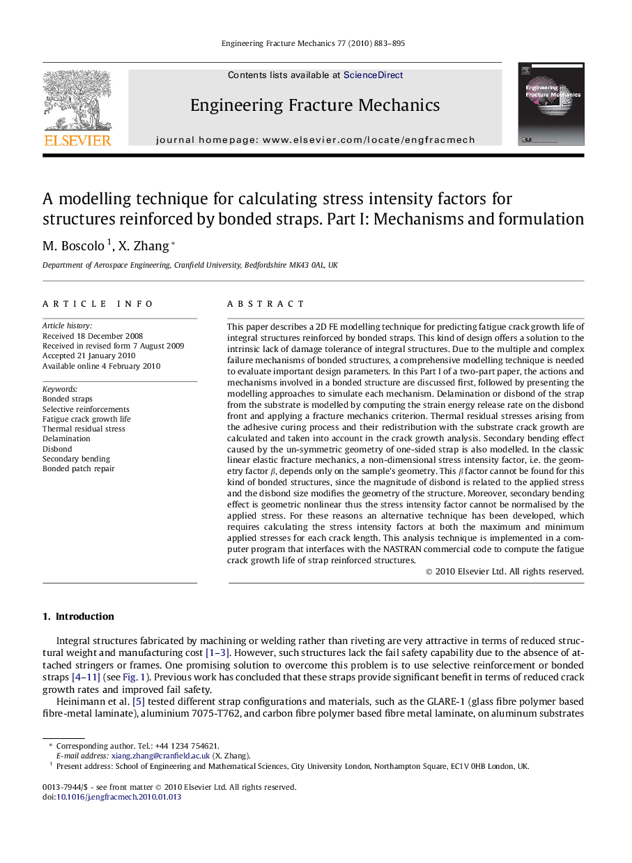 A modelling technique for calculating stress intensity factors for structures reinforced by bonded straps. Part I: Mechanisms and formulation