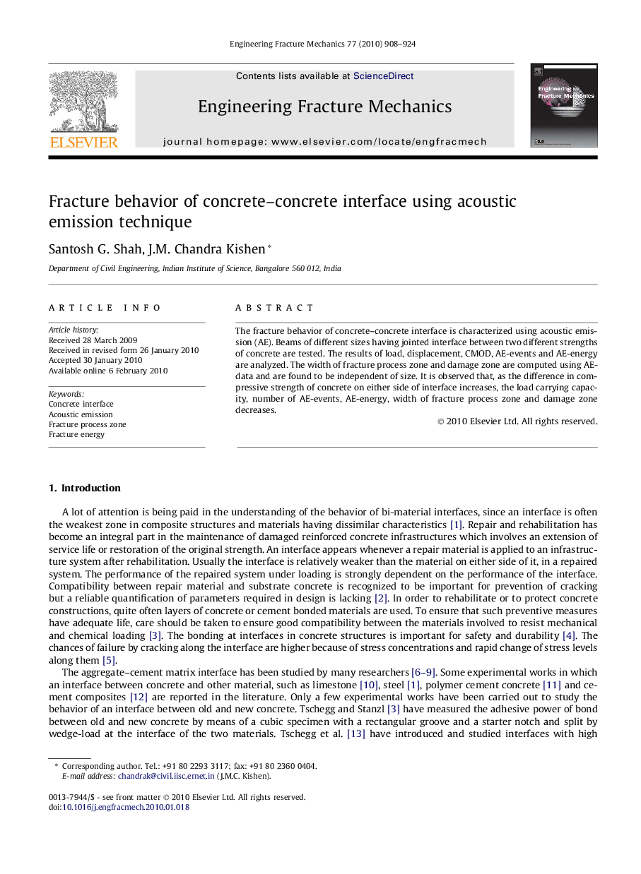 Fracture behavior of concrete–concrete interface using acoustic emission technique