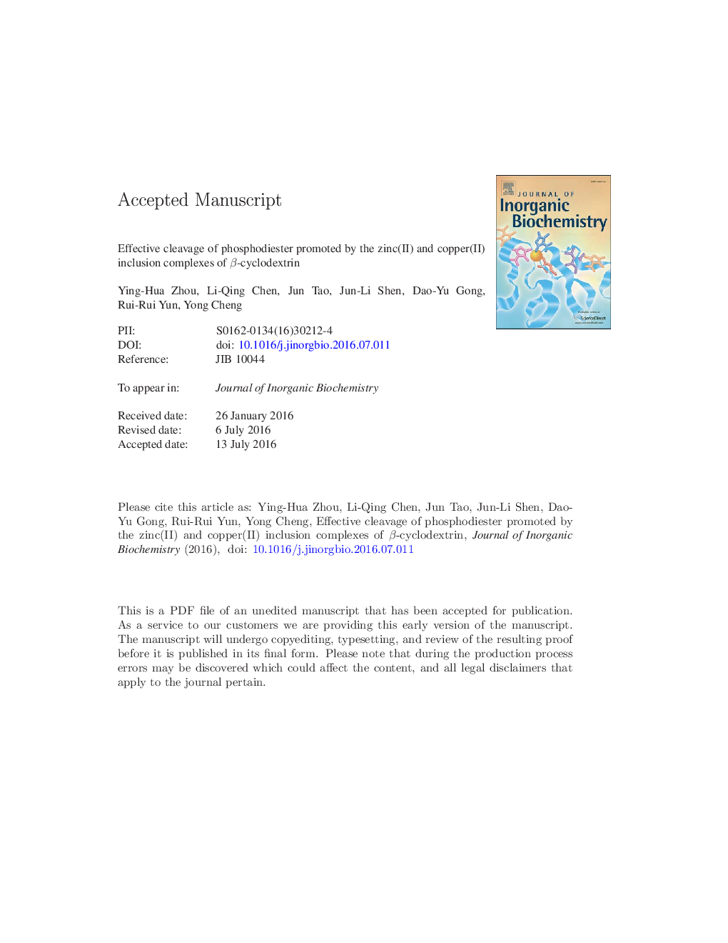 Effective cleavage of phosphodiester promoted by the zinc(II) and copper(II) inclusion complexes of Î²-cyclodextrin