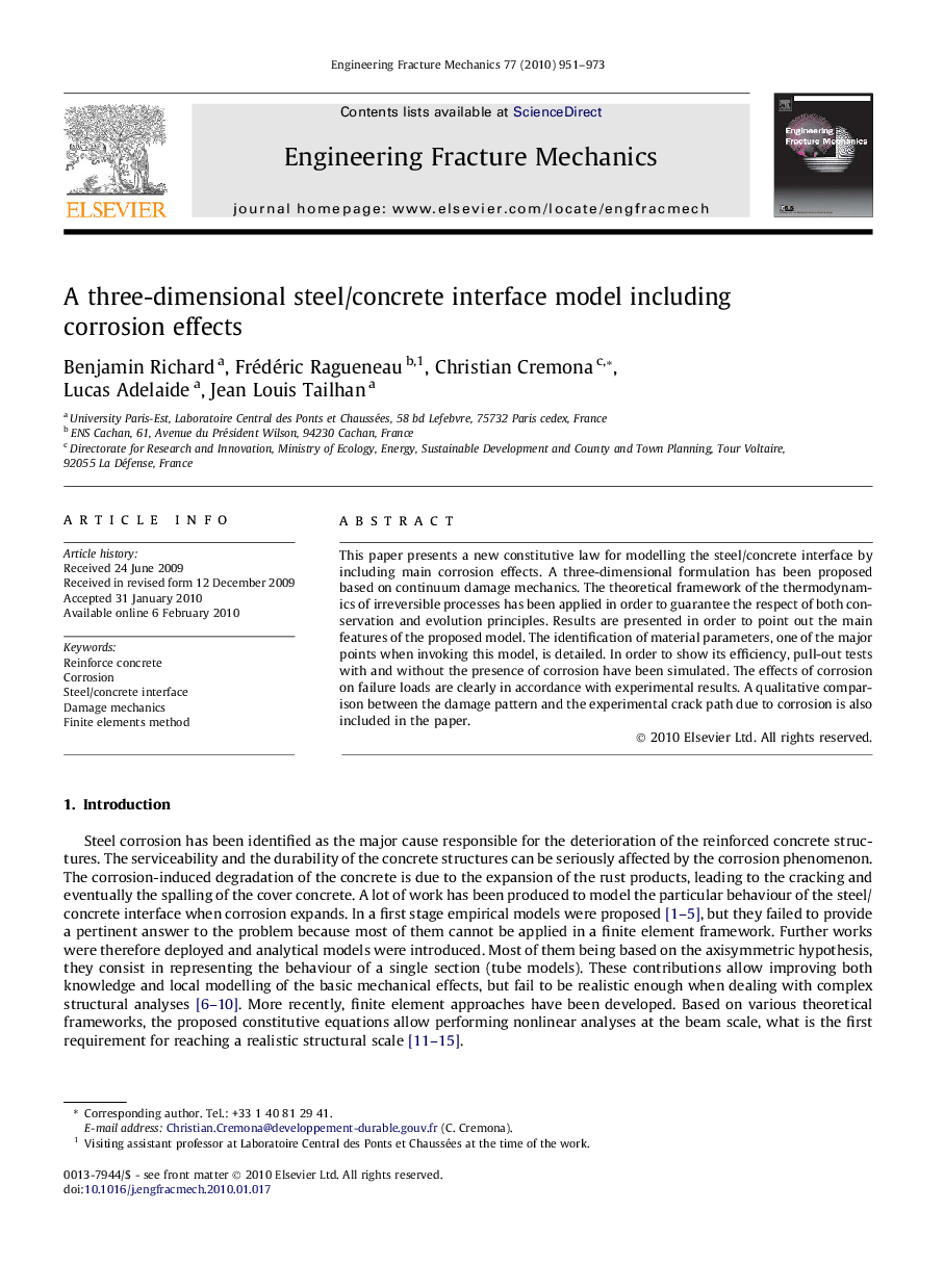 A three-dimensional steel/concrete interface model including corrosion effects