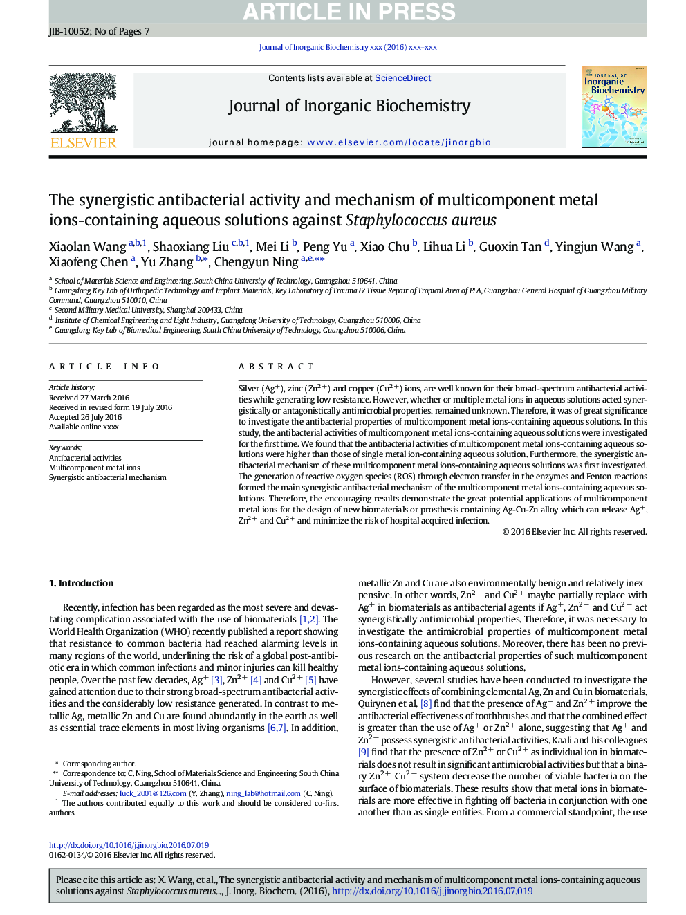 The synergistic antibacterial activity and mechanism of multicomponent metal ions-containing aqueous solutions against Staphylococcus aureus