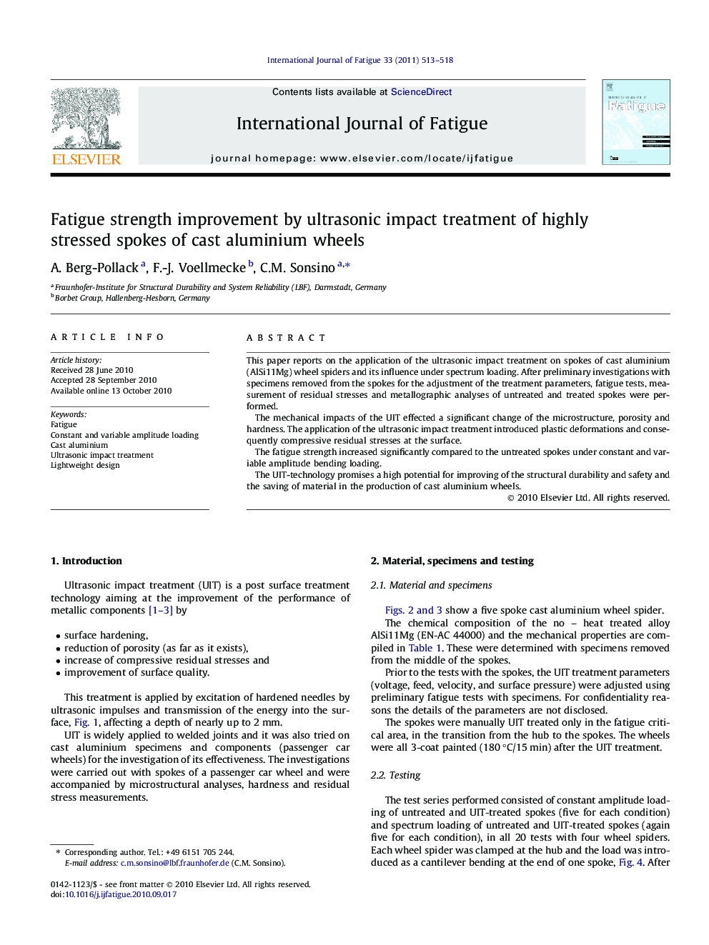 Fatigue strength improvement by ultrasonic impact treatment of highly stressed spokes of cast aluminium wheels