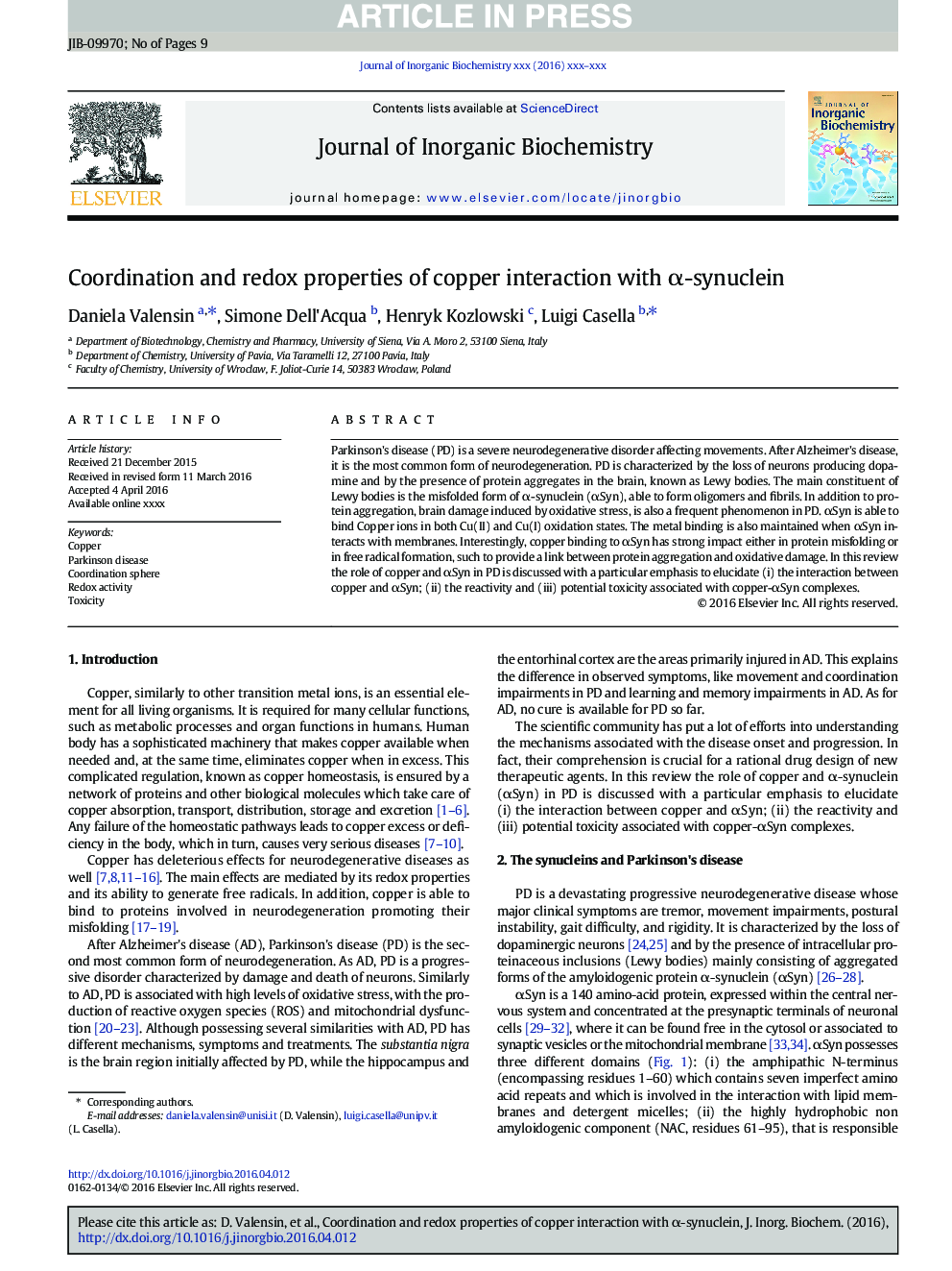 Coordination and redox properties of copper interaction with Î±-synuclein