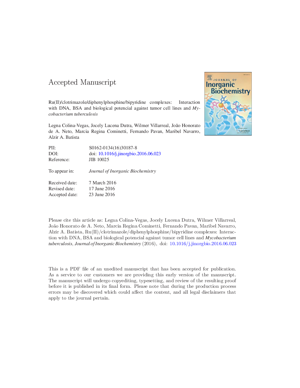 Ru(II)/clotrimazole/diphenylphosphine/bipyridine complexes: Interaction with DNA, BSA and biological potential against tumor cell lines and Mycobacterium tuberculosis