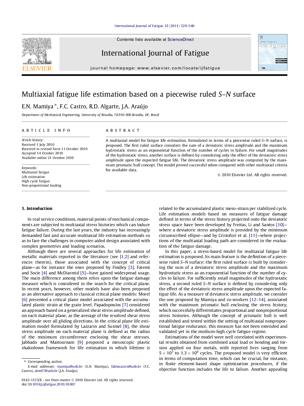 Multiaxial fatigue life estimation based on a piecewise ruled S–N surface