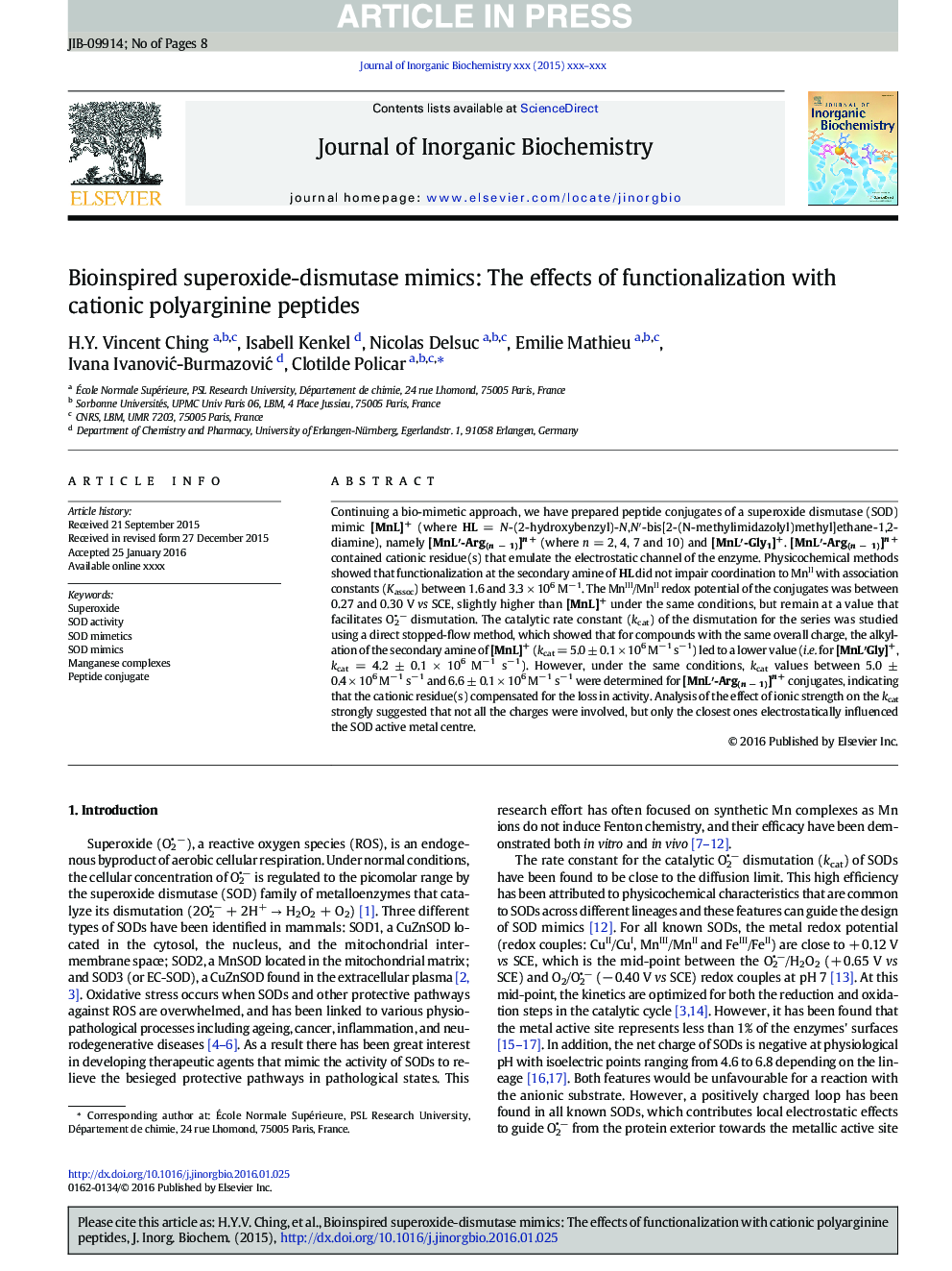 Bioinspired superoxide-dismutase mimics: The effects of functionalization with cationic polyarginine peptides