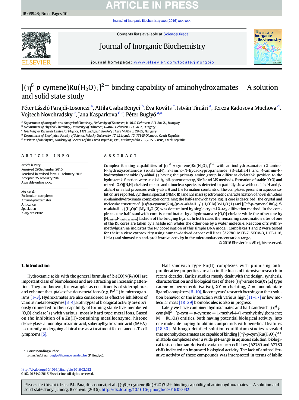 [(Î·6-p-cymene)Ru(H2O)3]2Â + binding capability of aminohydroxamates - A solution and solid state study