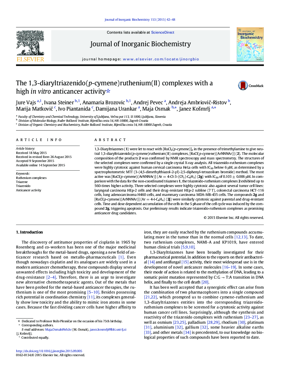 The 1,3-diaryltriazenido(p-cymene)ruthenium(II) complexes with a high in vitro anticancer activity