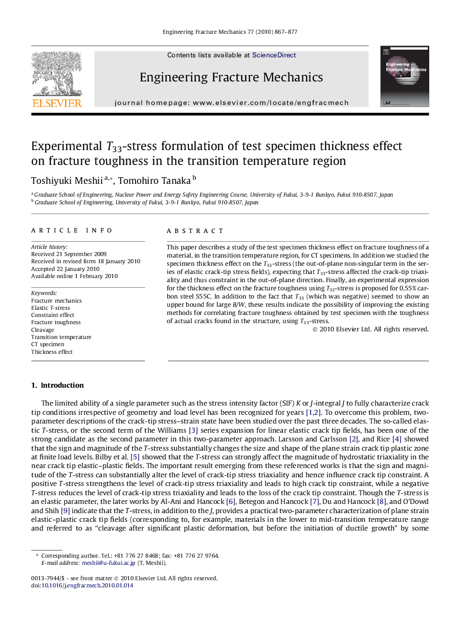 Experimental T33-stress formulation of test specimen thickness effect on fracture toughness in the transition temperature region