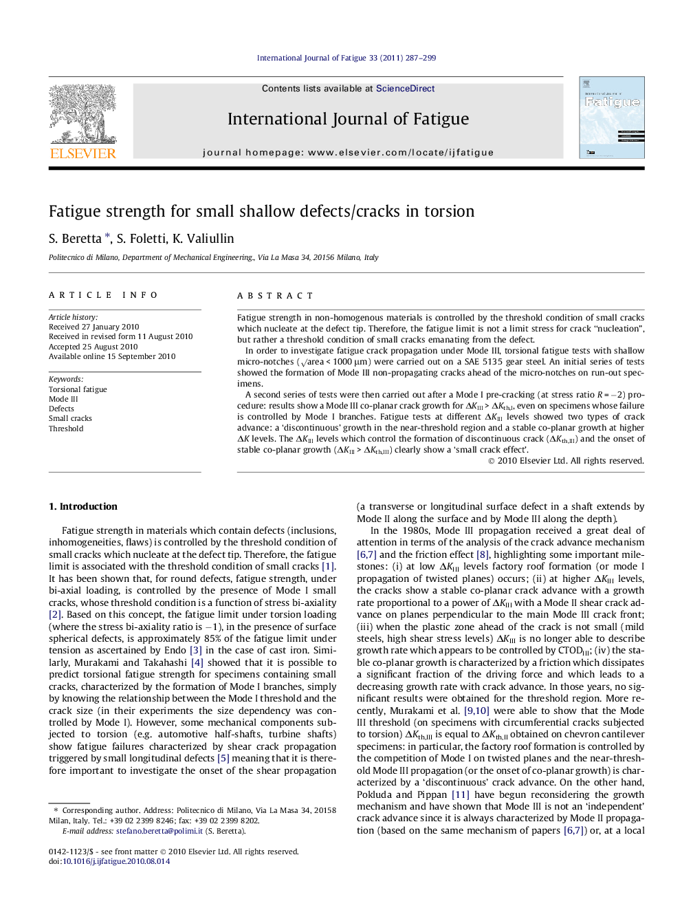 Fatigue strength for small shallow defects/cracks in torsion