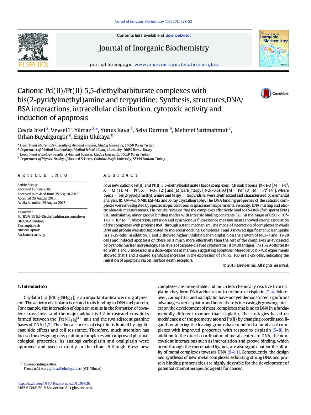Cationic Pd(II)/Pt(II) 5,5-diethylbarbiturate complexes with bis(2-pyridylmethyl)amine and terpyridine: Synthesis, structures,DNA/BSA interactions, intracellular distribution, cytotoxic activity and induction of apoptosis
