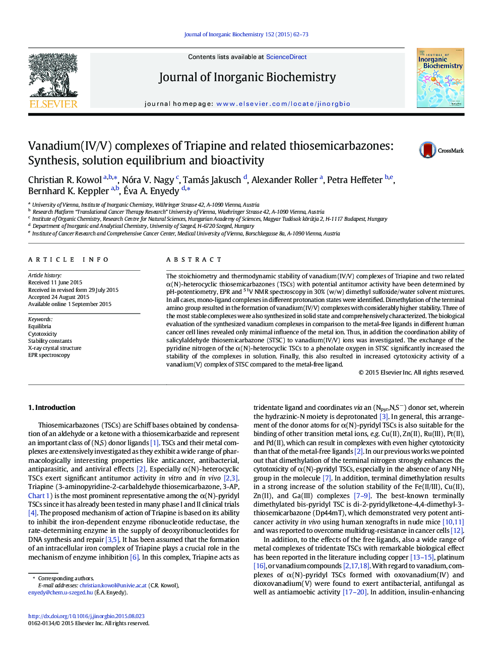 Vanadium(IV/V) complexes of Triapine and related thiosemicarbazones: Synthesis, solution equilibrium and bioactivity