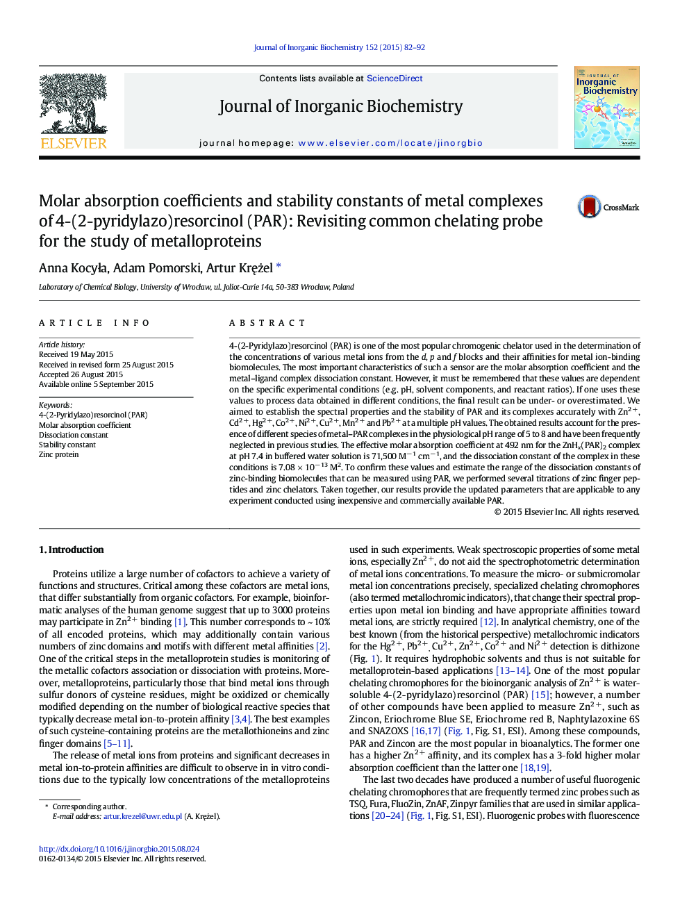 Molar absorption coefficients and stability constants of metal complexes of 4-(2-pyridylazo)resorcinol (PAR): Revisiting common chelating probe for the study of metalloproteins