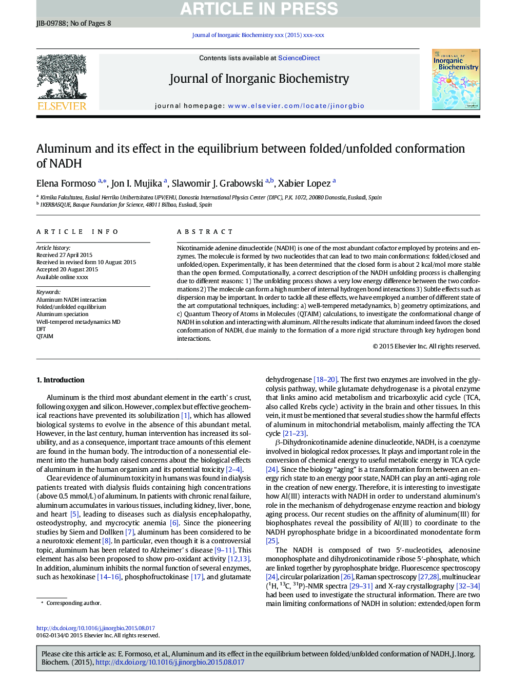 Aluminum and its effect in the equilibrium between folded/unfolded conformation of NADH