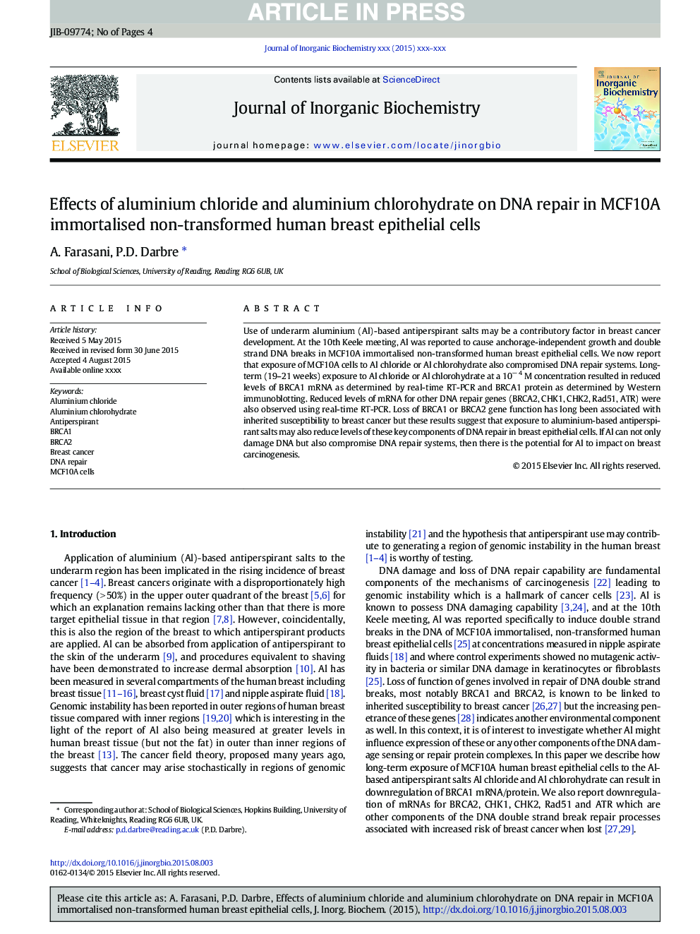 Effects of aluminium chloride and aluminium chlorohydrate on DNA repair in MCF10A immortalised non-transformed human breast epithelial cells