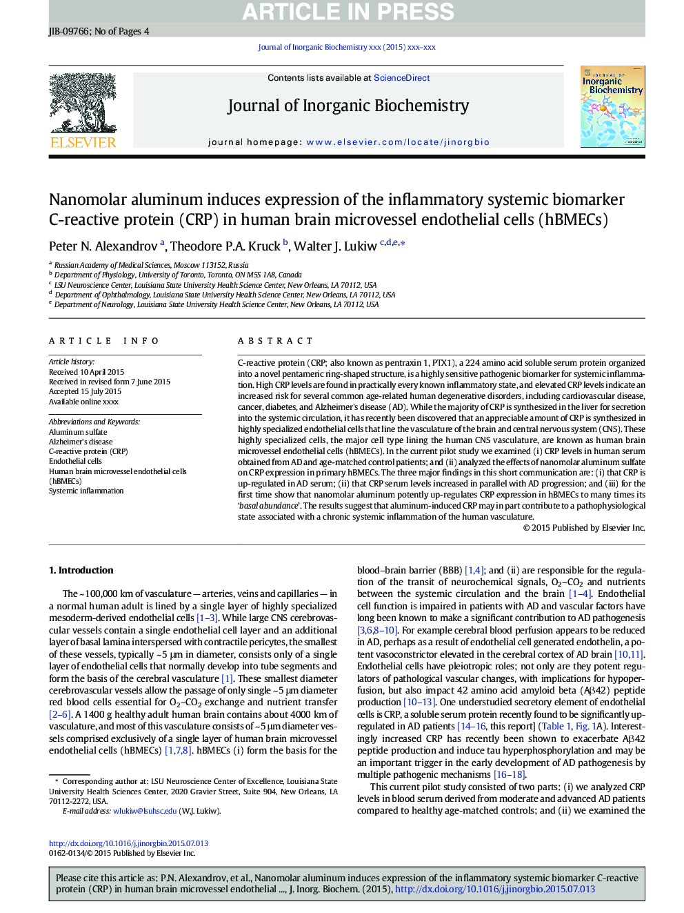 Nanomolar aluminum induces expression of the inflammatory systemic biomarker C-reactive protein (CRP) in human brain microvessel endothelial cells (hBMECs)